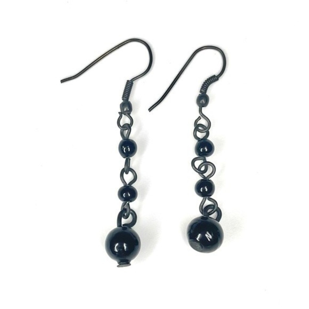 Black Beaded Drop Hook Chain Faux Pearl Dangle Earrings